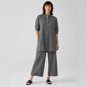 NWT Eileen Fisher Hemp Organic Cotton Grid Long Shirt XXS Mandarin Collar Tunic